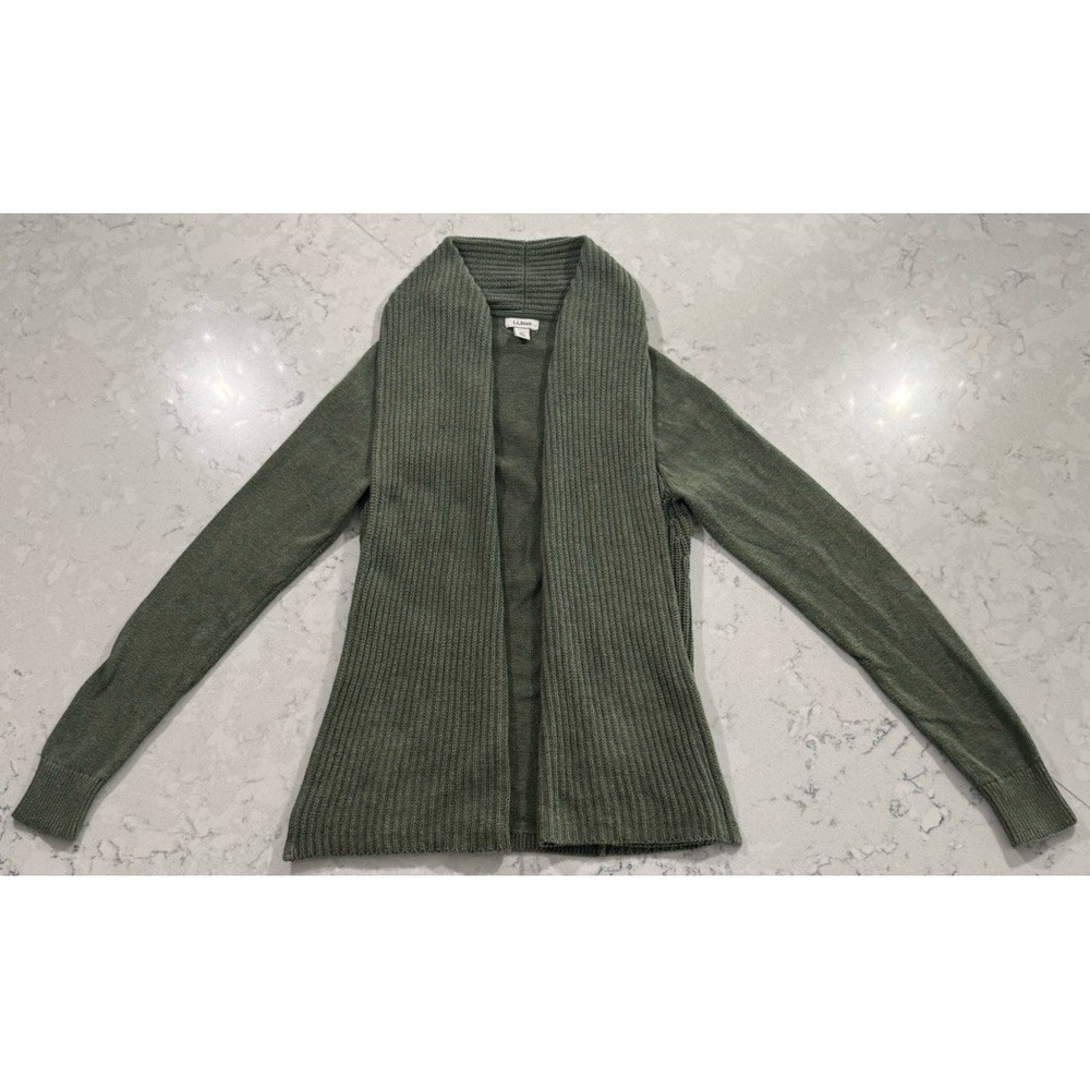 L.L.Bean Open Front Cardigan Sweater Womens XS Green Cotton Shawlโ Collar